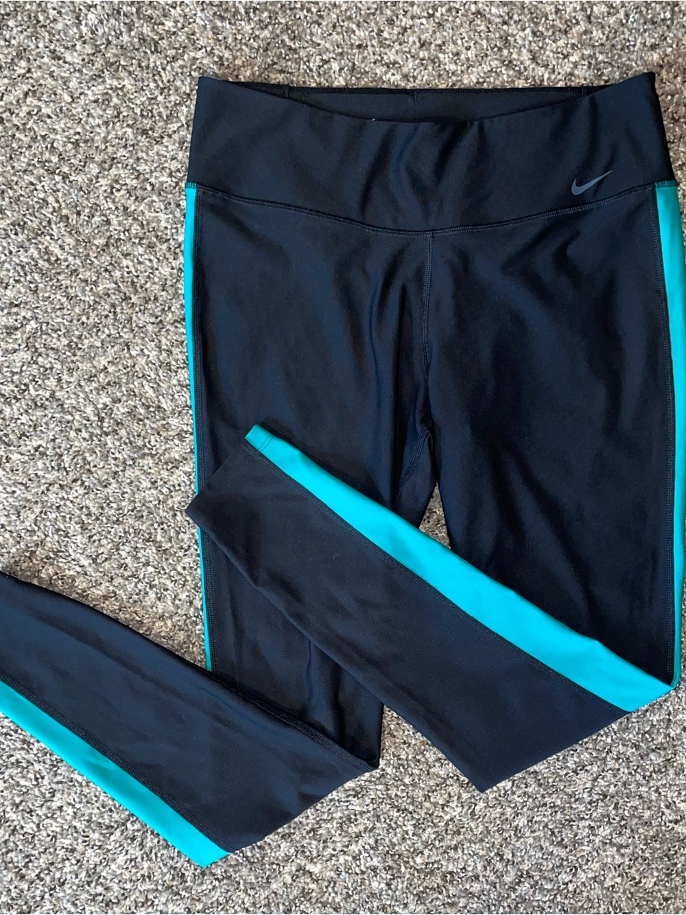 Nike Black Dri-FIT Workout Leggings with White Logo & Teal Stripe Size Womens L